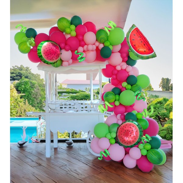 Summer fruit Watermelon Party Decorations Balloon Arch Garland Kit Red Green Pink with Watermelon mylar balloons for one in a melon theme Birthday Party Decorations