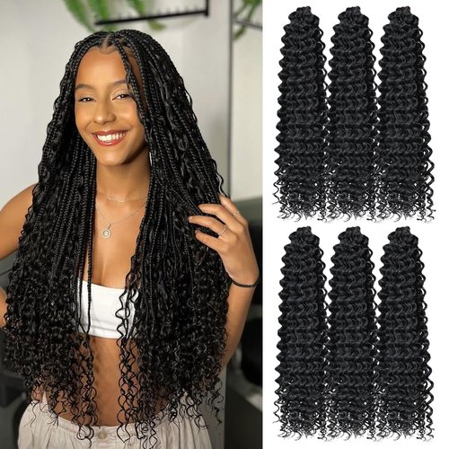 Curly Braiding Hair 22Inch 6Packs Deep Curly Crochet Hair Synthetic Crochet Hair Extensions for Women #1B Natural Black Curly Hair Extensions(22 Inch,6packs,#1B)