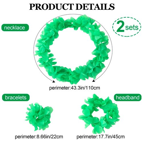 HINZIC 8pcs/2set Green Leis Hawaiian Headpiece Leis Flower Outfits Headband Necklace Bracelet Accessories for Women Adult Kid Festival Beach Pool Luau Party Favors Supplies Decoration