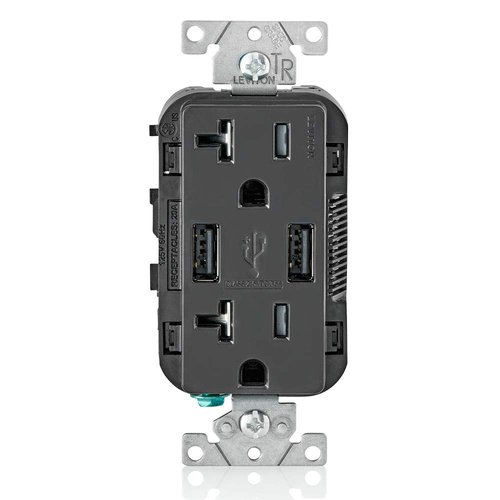 Leviton T5832-E Type-A USB In-Wall Charger with 20A Tamper-Resistant Outlet, USB Charger for Smartphones, Black