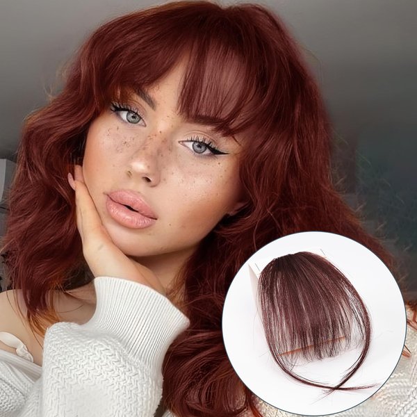 HAIRCUBE Bangs Hair 100% Human Hair Wispy Bangs, Hair Clip in Bangs, Fringe with Temples, Hairpieces for Women, Clip on Air Bangs, Hair Extension for Daily Wear Reddish Brown 99J#