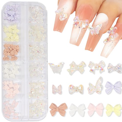 3D Nail Charms Aurora Bow-Knot Nail Crystal Rhinestones Colorful Bow-Knot for Acrylic Nails Mixed Colorful Aurora AB Butterfly Knot Heart Shape Flower Nail Charms for Nail Design DIY Decoration c#