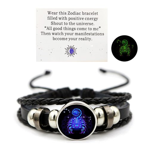 Zodiac Signs Spirit Bracelet Zodiac Bracelet Adjustable 12 Constellation Bracelet Multilayer Black Leather Bracelets Zodiac Sign Wrap Bracelet Birthday Jewelry Gifts for Women Men (Scorpio)