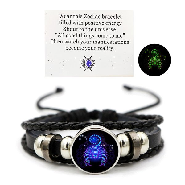 Zodiac Signs Spirit Bracelet Zodiac Bracelet Adjustable 12 Constellation Bracelet Multilayer Black Leather Bracelets Zodiac Sign Wrap Bracelet Birthday Jewelry Gifts for Women Men (Scorpio)