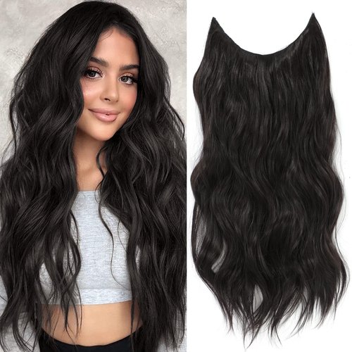Gowit Black Hair Extensions, Invisible Wire Hair Extension with Transparent Wire, Soft Long Wavy Hairpieces for Women Secure 4 Clips Ins