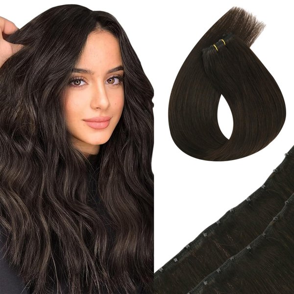 Sunny Hair Beaded Weft Hair Extensions Human Hair 50G Micro Bead Weft Hair Extensions Real Human Hair Straight Weft Hair Extensions with Micro Beads Easy Weft Darkest Brown 20 inch