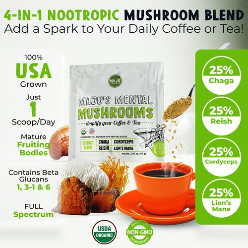 MAJU's Mental Mushroom Powder Extract, Strong Lions Mane, Chaga, Reishi, Cordyceps, Fruiting Bodies for Coffee, Immune System Booster, Nootropic Brain Supplement, Memory, Organic Mushrooms