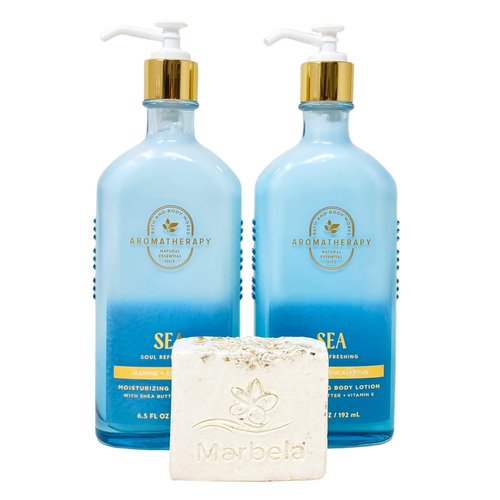 Bath & Body Works Aromatherapy Sea Soul Refreshing JASMINE + EUCALYPTUS 2 Pack Moisturizing Body Lotion Gift Set with a Natural Oats Bar Soap - Full Size