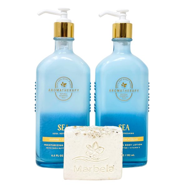 Bath & Body Works Aromatherapy Sea Soul Refreshing JASMINE + EUCALYPTUS 2 Pack Moisturizing Body Lotion Gift Set with a Natural Oats Bar Soap - Full Size