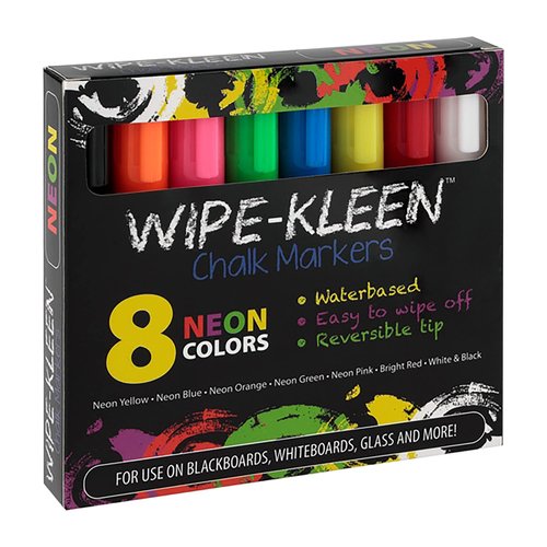 Wipe-Kleen Liquid Chalk Markers Neon Color- Set of 8 - for Bistro Signs, Blackboard, Whiteboard & Glass- Reversible Bullet or Chisel Tip