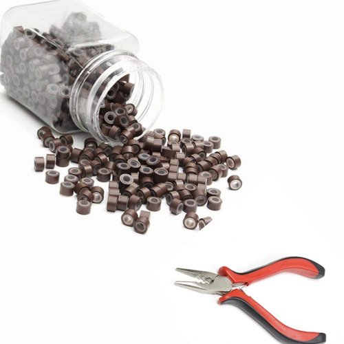 LSNDF Hair Extensions Plier With 1000Pcs Silicone Micro Lined Beads for Feather Hair Extensions Hair Tinsel (5.0mm X 3.0mm X 3.0mm, Brown)