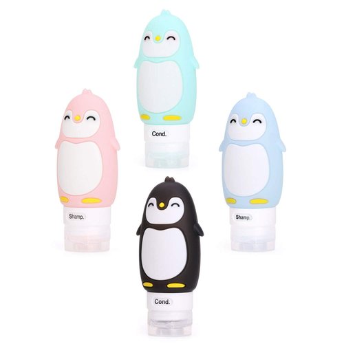 AUTENS Leakproof Silicone Travel Bottles Accessories Set,3oz (90ml) 4 Pack Refillable Cute Penguin Travel Containers for Shampoo,Lotion Sunscreen ect. - TSA Approved & BPA Free