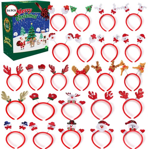 boveeny 24 Pcs Christmas Headbands Party Favors, Bulk Christmas Classroom Gifts, Christmas Goodie Bag Stuffers, Christmas Prizes for Kids