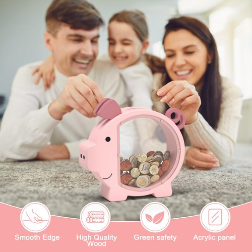 Wooden Piggy Bank for Kids Cute Money Bank for Boys and Girls Clear Wood Money Box Personalized Saving Money Jar, Creative Present for Children Birthday Chrismas & Decor (Pink, Standard)