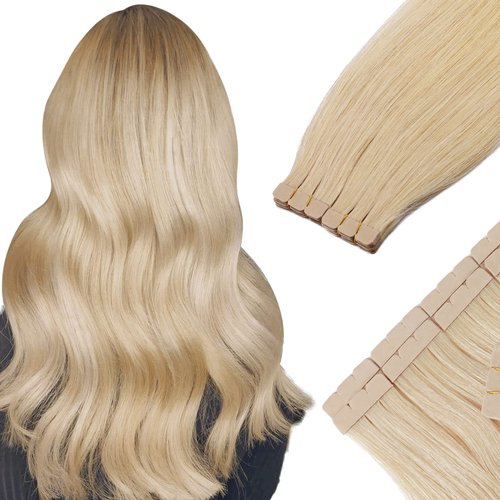 Benehair Tape in Hair Extensions Human Hair Blonde 20pcs 50g/pack Straight Hair Extensions Tape in Seamless Skin Weft Tape in Natural Hair for Women(#613 Bleach Blonde, 16")
