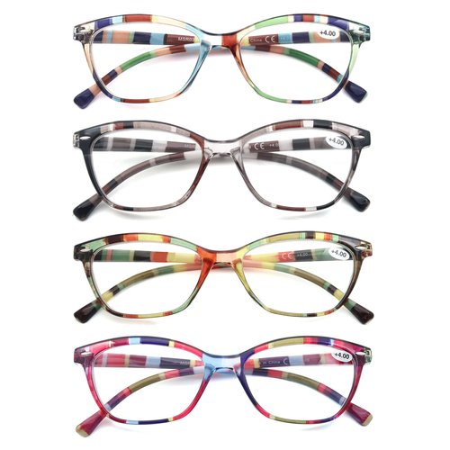 HEEYYOK Women Reading Glasses 4-Pack Colorful 1.00 Readers,Beautiful Pattern Cat Eye Glasses for Reading Lightweigth Flexible Spring Hinge Well Wear Look Younger