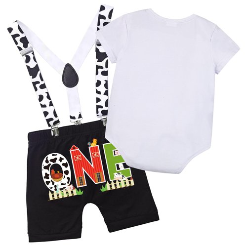 Wosixima Baby Boys 1st Birthday Farm Bodysuit Outfit,First Birthday Cake Smash Romper Cosplay Costume for Infant Boy,Newborn Short Sleeve Shirt Bowtie Suspenders Shorts Pants Suit,6-12Months