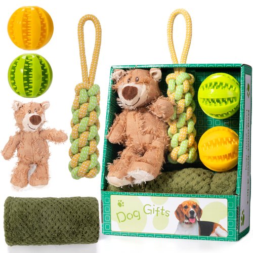 Dog Toys Set with Cute Bear Plush Toys Soft Squeaker, 2 Ball Toys of 2.75 inch, Cotton Teeth Cleaning Rope Toys and Premium Soft Dog Blanket Washable.Dog Gifts for Puppies and Senior Pups BROWN