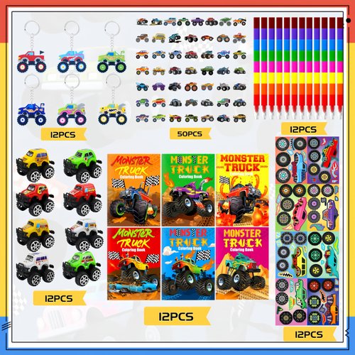 110PCS Monster Truck Party Favors,Monster Truck Coloring Books and Eight Color Crayons,Keychains Pull Back Cars Stickers For Kids