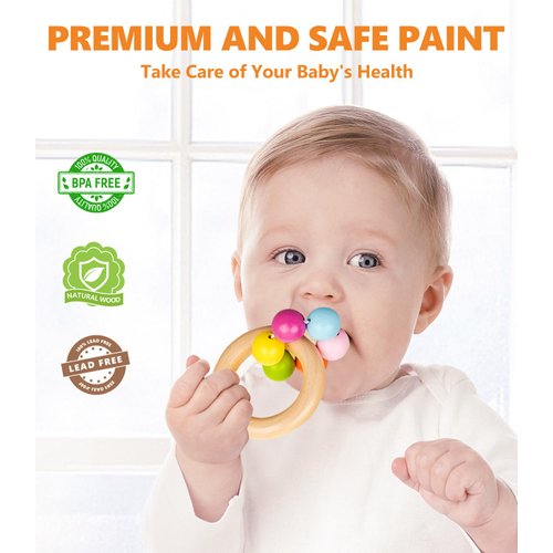 6 PCS Wooden Baby Rattle, Organic Colorful Baby Hand Rattles Set, Wood Rattles for Babies 0-6-12 Months, Wooden Teether Crochet Rattle Toy for Newborn Infant, Montessori Toys for Babies 0-6 Months
