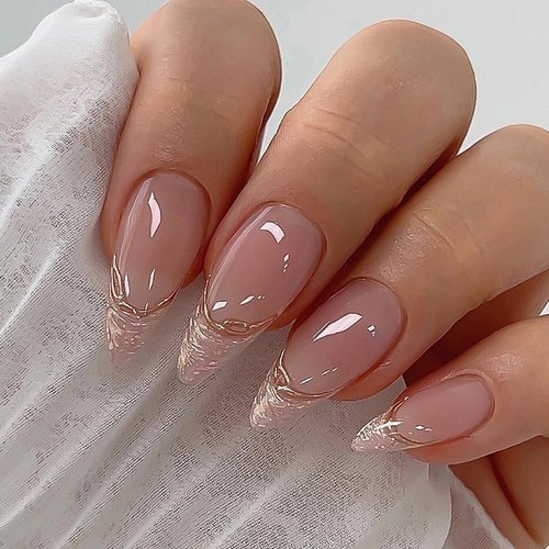 MISUD Almond Press on Nails Medium Stiletto Fake Nails Glossy Glue on Nails Chrome Acrylic Nails Bling Aurora French Tip Arrificial Nails Gold Swirl False Nails with Pearl Flash Design 24 pcs