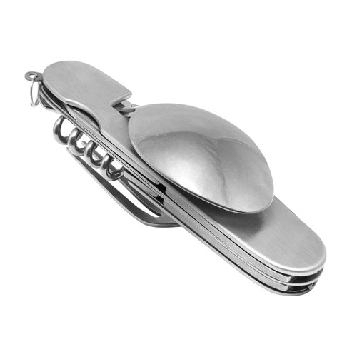 Camillus 4pc camp kit multi tool spoon, multi tool fork, 5 oz flask, folding cup stainless steel flask
