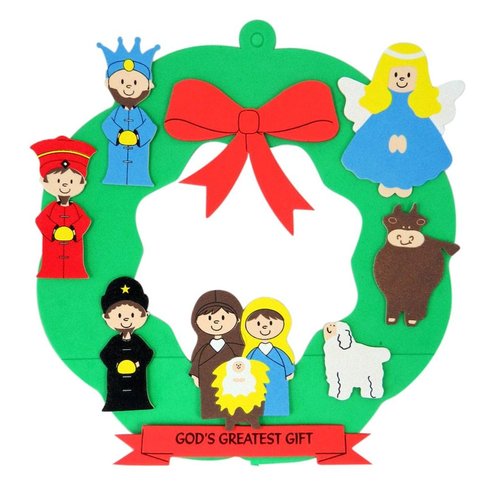 Catholic Brands DIY Christmas Nativity Wreath Foam Arts and Crafts Kit, God's Greatest Gift, Fun Holiday Activities for Church Groups, 9 Inch