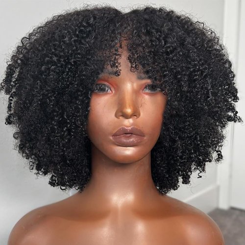 YOUNG BEAUTY Afro Kinky Curly Wig with bangs Glueless Scalp Top Full Machine Made Human Hair Wigs for Black Women 200Density Kinky Curly Brazilian Human Hair Wig 14inch Natural Color
