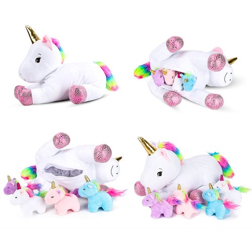 Pegmapri 16inch Unicorn Stuffed Animals PlaySet- Unicorn Doll Toy Gifts for Girls - Stuffed Mommy Unicorn with 4 Baby Plush Unicorns