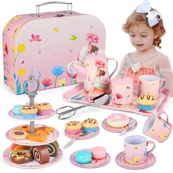 Kids Tea Party Set for Little Girls Birthday Gift Toys for 3 4 5 6 7 8 Year Old Girls, Cute Princess Play Toddlers Tin Tea Set, Pretend Toys with Desserts, Flower Teapot & Teacup & Carrying Case