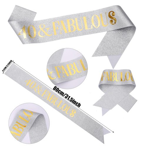 Sliver Gold "40 & Fabulous" Sash & Rhinestone Tiara Set, 40th Birthday Gifts for Women, Birthday Sash/Tiara for Women's 40th Birthday Party Decoration (Sliver 40th)