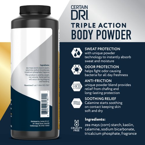 Certain Dri Body Powder for Men and Women, Maximum Sweat Absorption & Moisture Control, 8 Oz, 1 Pack