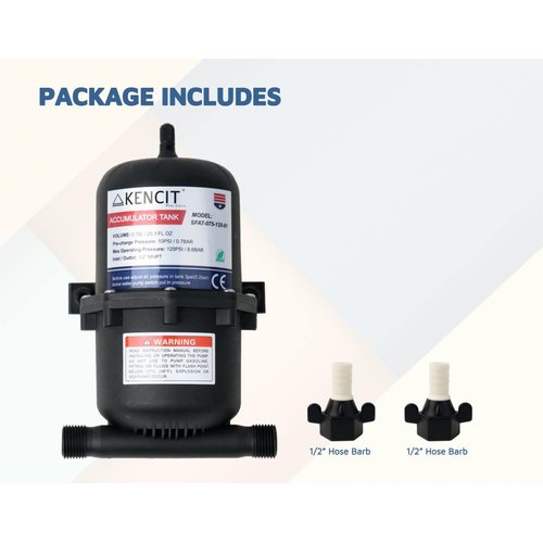 KENCIT Pre-Pressurized Accumulator Tank (0.75L, 125PSI), Flow Control Inner Bladder, Reduced Pump Cycling, Suitable for RV, Boat, Travel Trailer, Caravan.