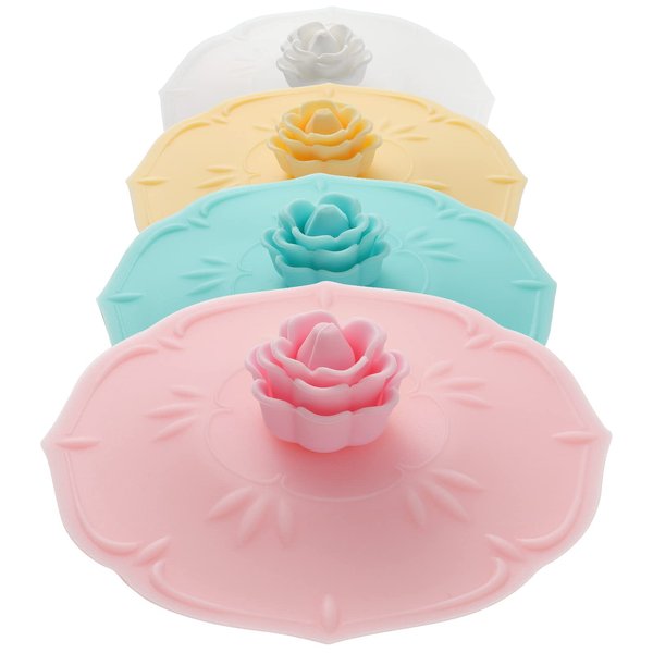 rose Silicone Cup Covers (Set of 4) ， Multicolored Silicone Lids for Mugs, Cups, Tea Pots,Flexible Mug Covers，Hot Cup Lids for Coffee & Tea