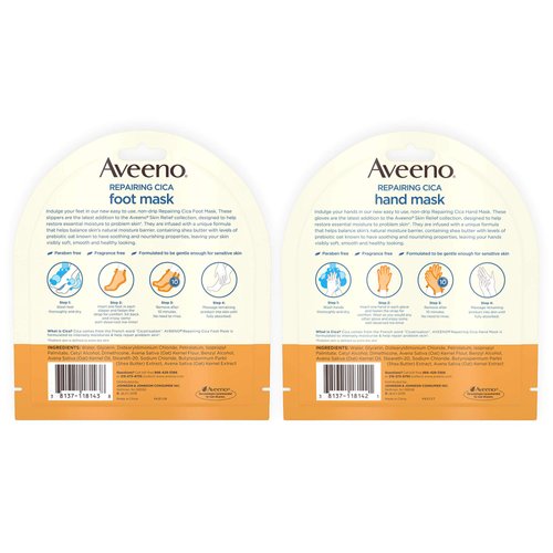 Aveeno Repairing CICA Foot Mask & Hand Mask with Prebiotic Oat and Shea Butter, for Extra Dry Skin, 1 ea