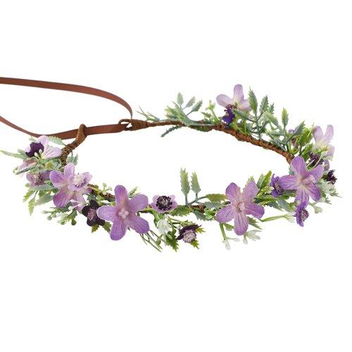KorViSHOW Handmade Purple Flower Crown Floral Headband for Bridal Weeding Elf Wreath Women Girls Headdress Fairy Green Leaf Headpiece Cosplay Photo Prop