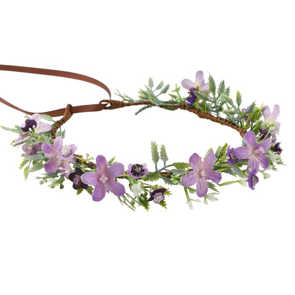 KorViSHOW Handmade Purple Flower Crown Floral Headband for Bridal Weeding Elf Wreath Women Girls Headdress Fairy Green Leaf Headpiece Cosplay Photo Prop