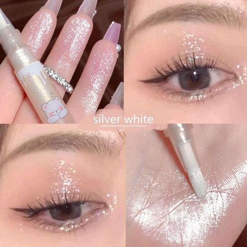 Cute Bear Liquid Glitter Highlighter Makeup Pen, Liquid Highlighter Stick, Liquid Glitter Eyeshadow, Pigmented, Long Lasting, Quick Drying, Easy to Apply, Lying Silkworm Body Shimmer Pen Set(2 PCS)