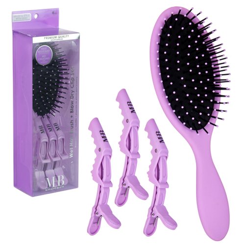 Expressions 4pc Wet & Dry Detangling Hair Brush + Blow Dry Clips Set in Lavender -Free Blow Dry Clip Value Pack, Hair Brush & Heat Resistant Hair Styling Clips | Professional Quality