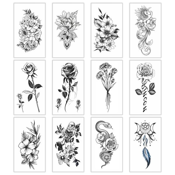 Womaha 12 Sheets Black and White Flower Temporary Tattoos for Women and Girls Fake Tattoo Stickers