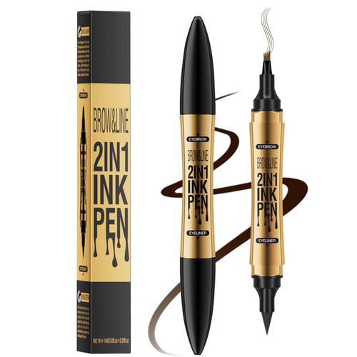 GGUP 2 in 1 Eyebrow Pencil, 3D Microblading Eyebrow Tattoo Pencil 4 Fork Tips with Eyeliner, Multifunction Dual Head Microblading Eyebrow Pencil Waterproof Eye Makeup Tools (Dark Brown)