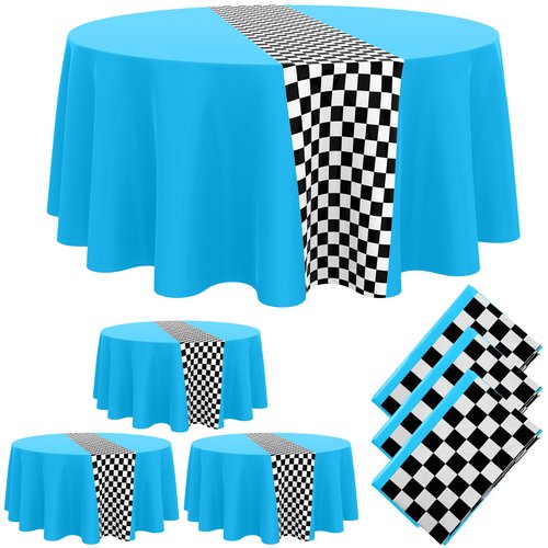 Oudain Cars Birthday Party Supplies Racing Party Decorations Round Racing Tablecloth Checkered Flag Table Covers Road Plastic Table Cloth, 1950s Disco Dancing Party Tablecloth (Light Blue,3 Pcs)