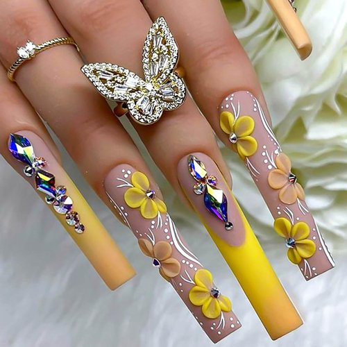 RUOKEXIN Long Press on Nails Square Fake Nails Orange French False Nails with Rhinestones Designs Fall Nail Press ons Long Glue on Nails Long Fall Artificial Nails Cute Stick on Nails for Women 24Pcs