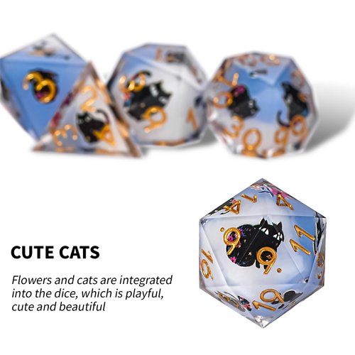 GU BEI TE DND Dice Set, Sharp Edge Cute Cat Flowers Style Dice Polyhedron Resin Dice for Role Playing Game Dungeons & Dragons RPG MTG Tabletop Game