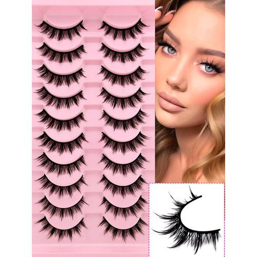 10 Pairs Manga Lashes Natural Look That Look Like Lashes Clusters,Anime Lashes 12mm Spiky Doll False Eyelashes,Cat-Eye Look Faux Mink Wispy Cosplay Japanese Korean Asian Lashes(10P-002)