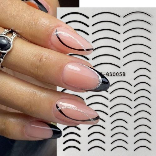 7Pcs Lines Nail Stickers for Nail Art French Tip -Black White Metal Stripes Letter Decals French Nail Design Curved Gel Nail Art Wave Line Polish Manicure Decoration for Women DIY Nail Art Simple Line
