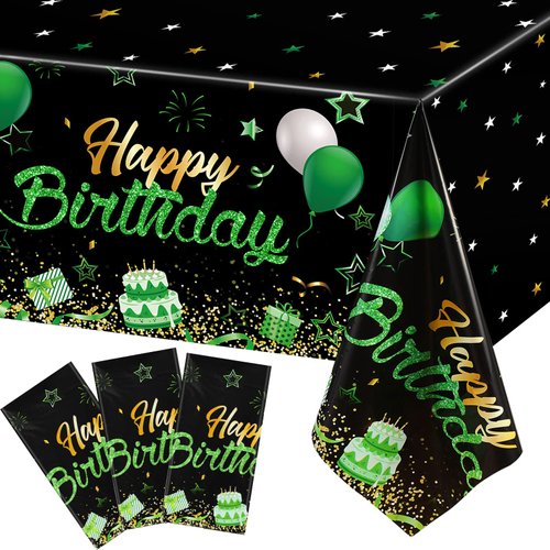 Breling 3 Pack Birthday Party Supplies Confetti Sprinkles Happy Birthday Tablecloths Starry Table Covers for Kids Adults Birthday Party Decorations, 54 x 108 Inches (Green and Black)