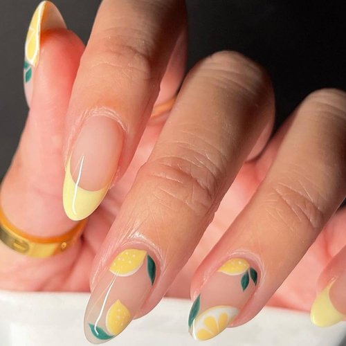 AZTSYT Lemon Press on Nails Almond Medium Fake Nails Summer Fruit Glue on Nails Full Covers False Nails Yellow Nail Tips Acrylic Nails French Tip Stick on Nails for Women Girls 24pcs