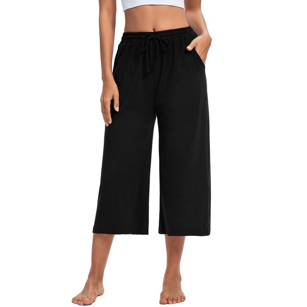 ASIMOON Capris for Women Loose Wide Leg Shorts Yoga Cropped Pajama Pants Pull on Summer Lounge Pants Culottes with Pockets
