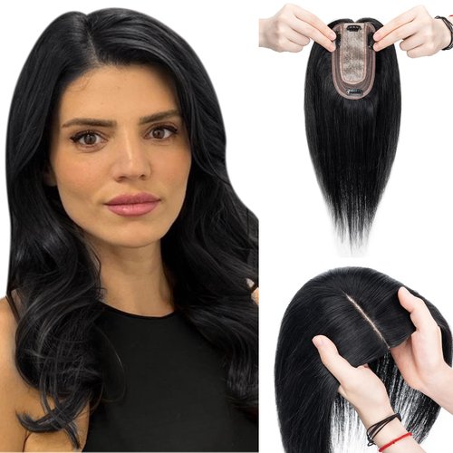 Elailite Human Hair Toppers for Women with Thinning Hair Clip in V3.0 Real Hair Pieces 10 Inch Middle Parting for Top Hair Loss Cover Gray Fine Hair [Style-C] #1 Jet Black